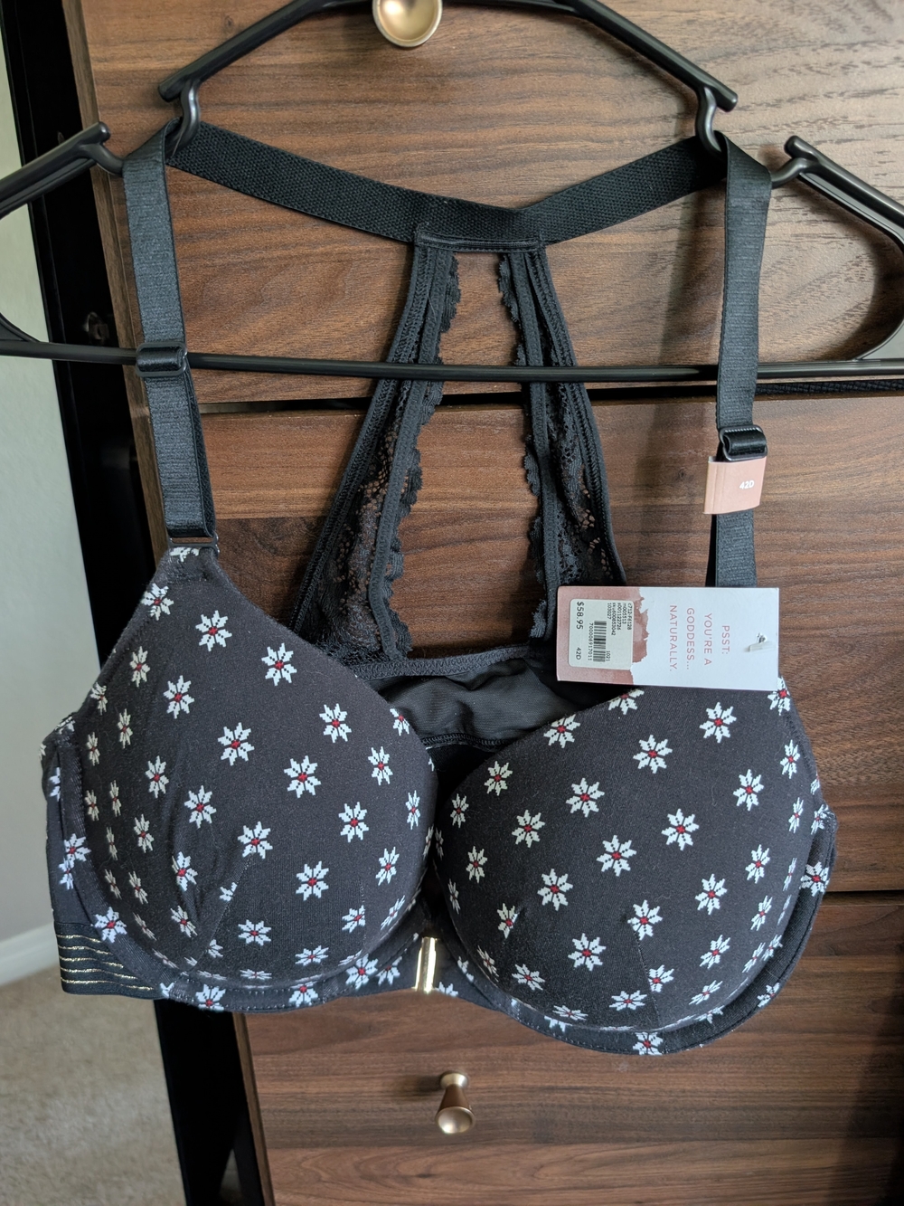 Women's Black Floral Push-Up Bra with Lace Racerback
